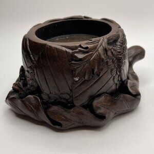 Beautifully Carved Large Base Candle Holder Dark Brown Acorns Leaves Nature Chic